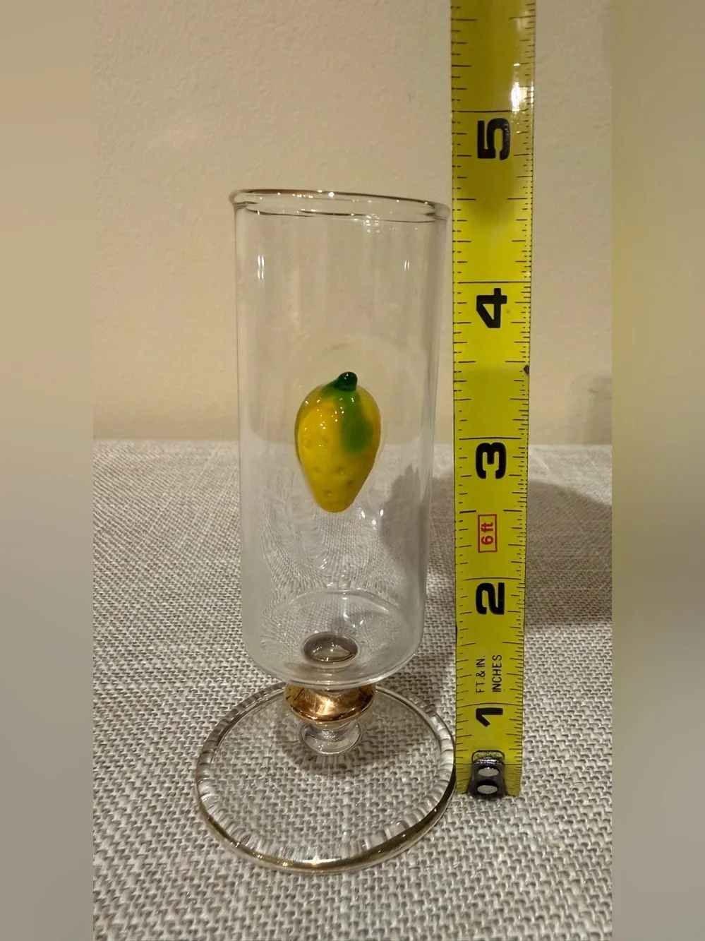 Vintage Art Glass Footed Cordial Glass Lemon Motif Gold Trim 4.5